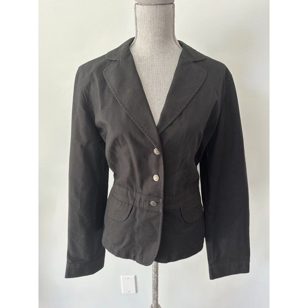 Ann Taylor LOFT Black Cotton Canvas Blazer Jacket Silver Buttons Tailored sz 14